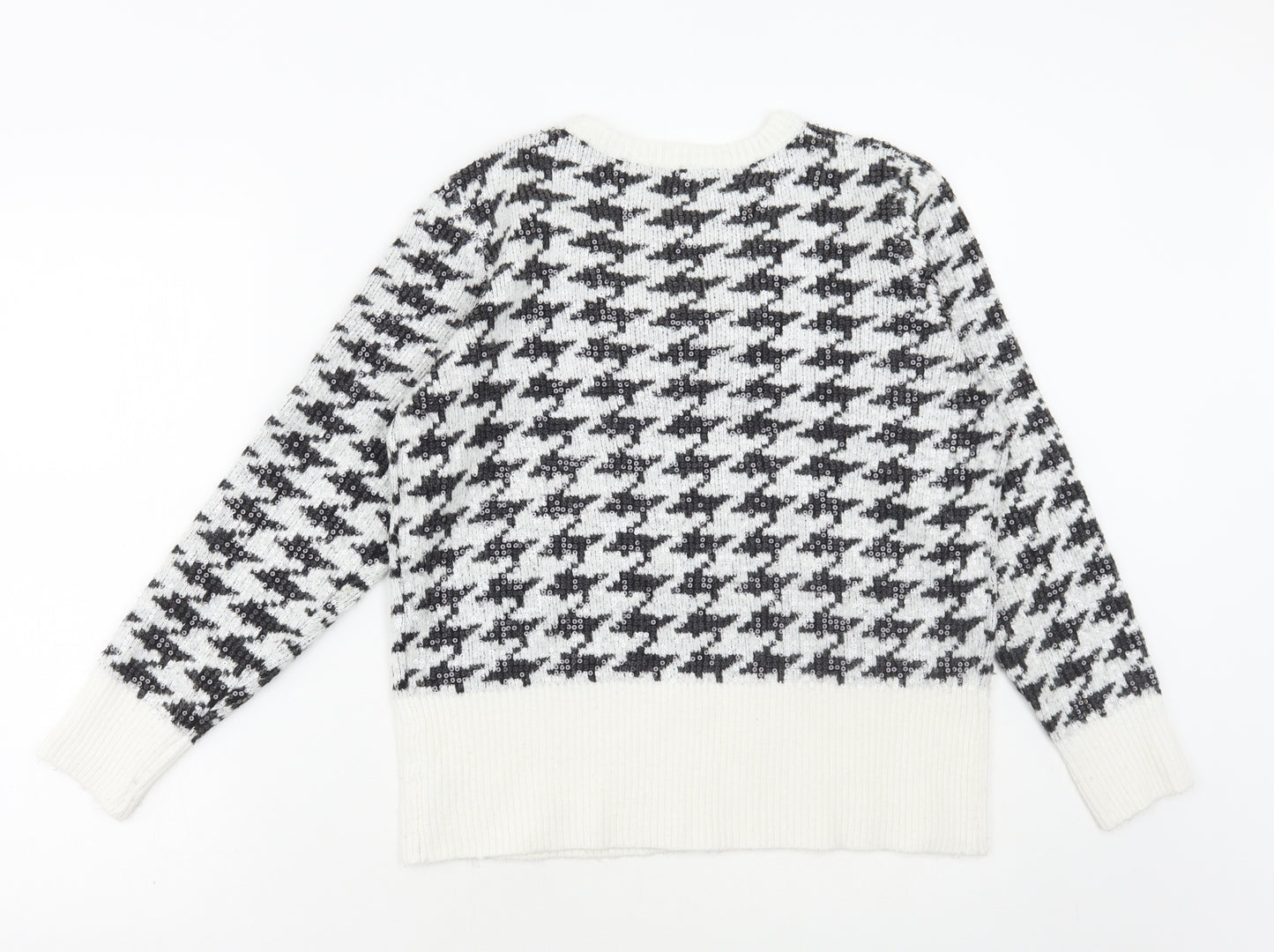 Savida Womens White Round Neck Geometric Acrylic Pullover Jumper Size M