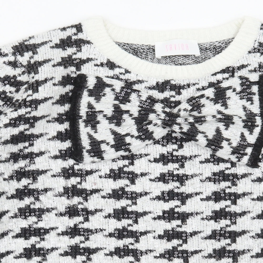 Savida Womens White Round Neck Geometric Acrylic Pullover Jumper Size M