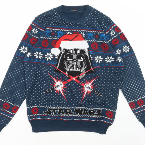 George Mens Blue Round Neck Fair Isle Acrylic Pullover Jumper Size L - Star Wars Christmas