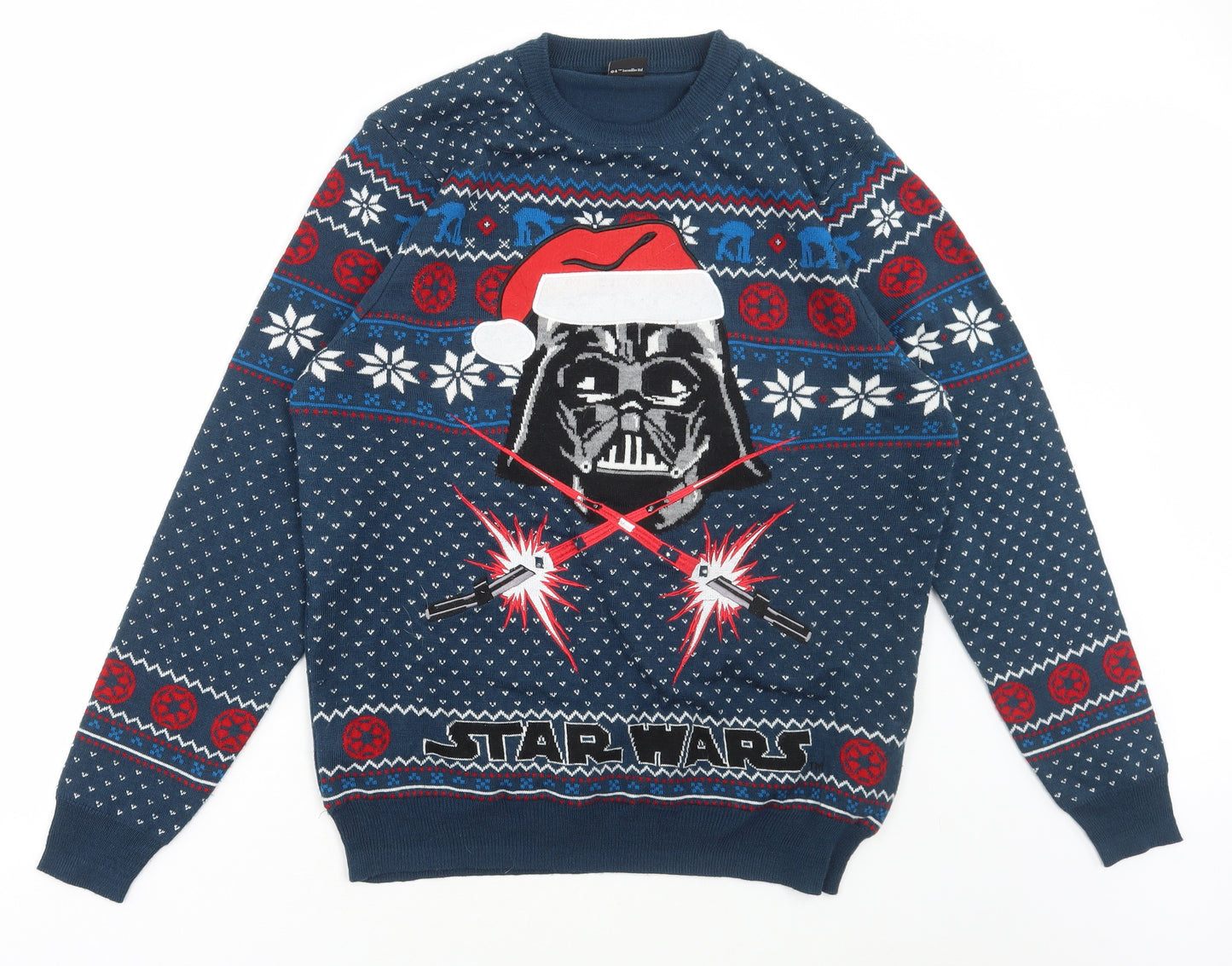 George Mens Blue Round Neck Fair Isle Acrylic Pullover Jumper Size L - Star Wars Christmas