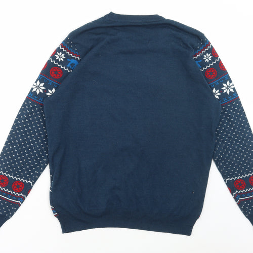 George Mens Blue Round Neck Fair Isle Acrylic Pullover Jumper Size L - Star Wars Christmas