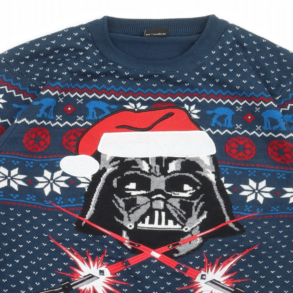 George Mens Blue Round Neck Fair Isle Acrylic Pullover Jumper Size L - Star Wars Christmas