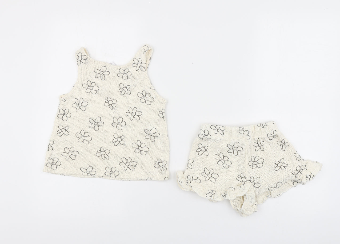 Zara Girls Beige Floral Cotton Shorts Outfit/Set Size 4-5 Years Button