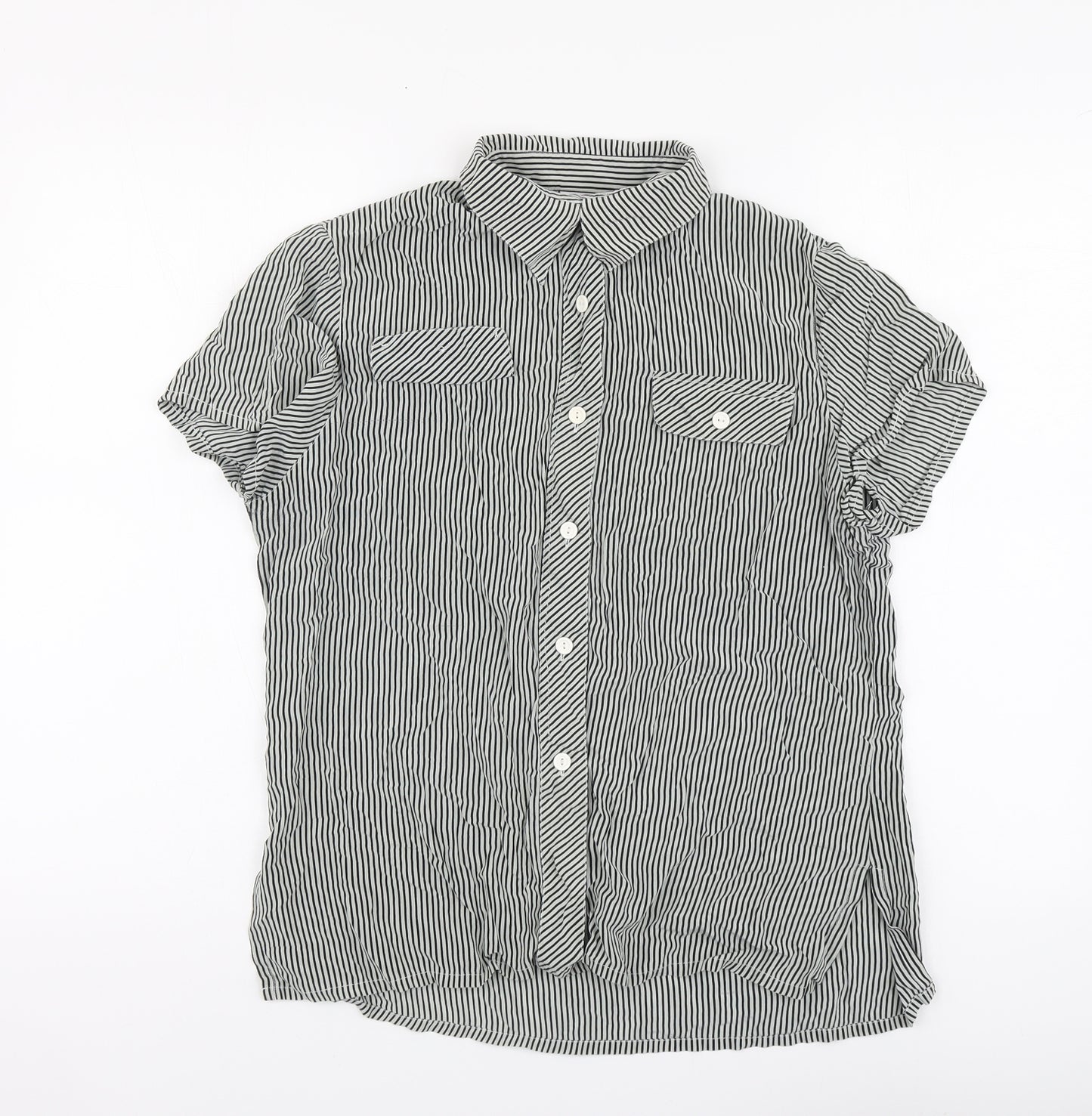 Cherie Womens Black Striped Polyester Basic Button-Up Size M Collared