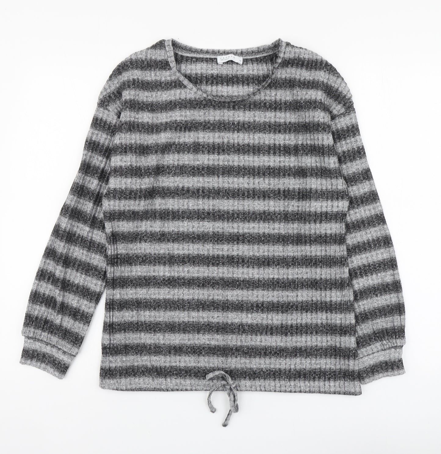 Papaya Womens Grey Round Neck Striped Polyester Henley Jumper Size 14