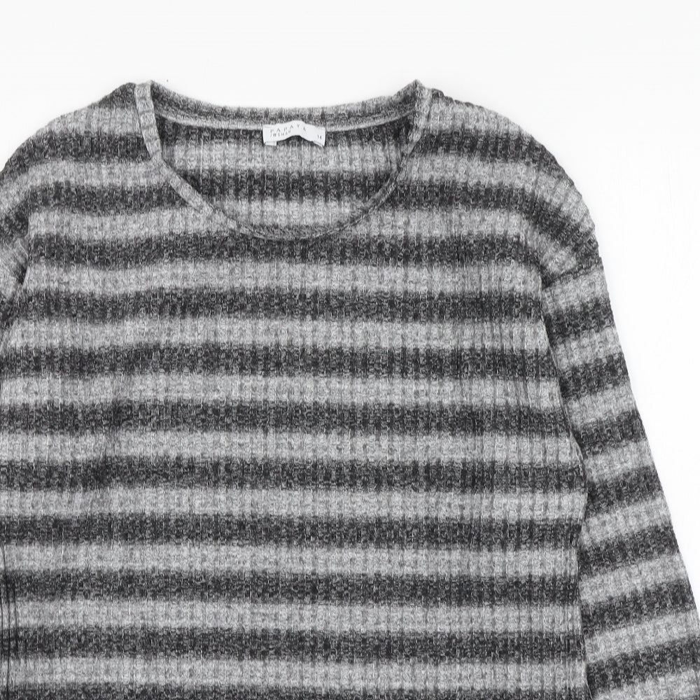Papaya Womens Grey Round Neck Striped Polyester Henley Jumper Size 14
