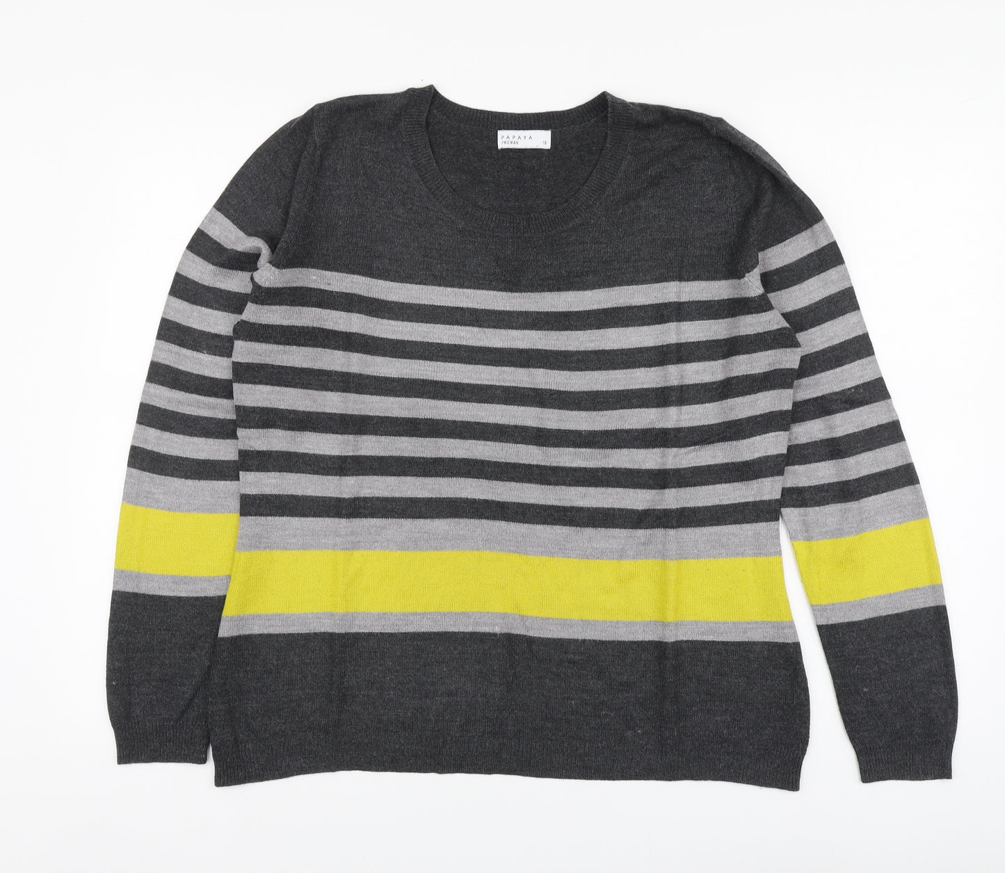 Papaya Womens Grey Round Neck Striped Acrylic Pullover Jumper Size 18