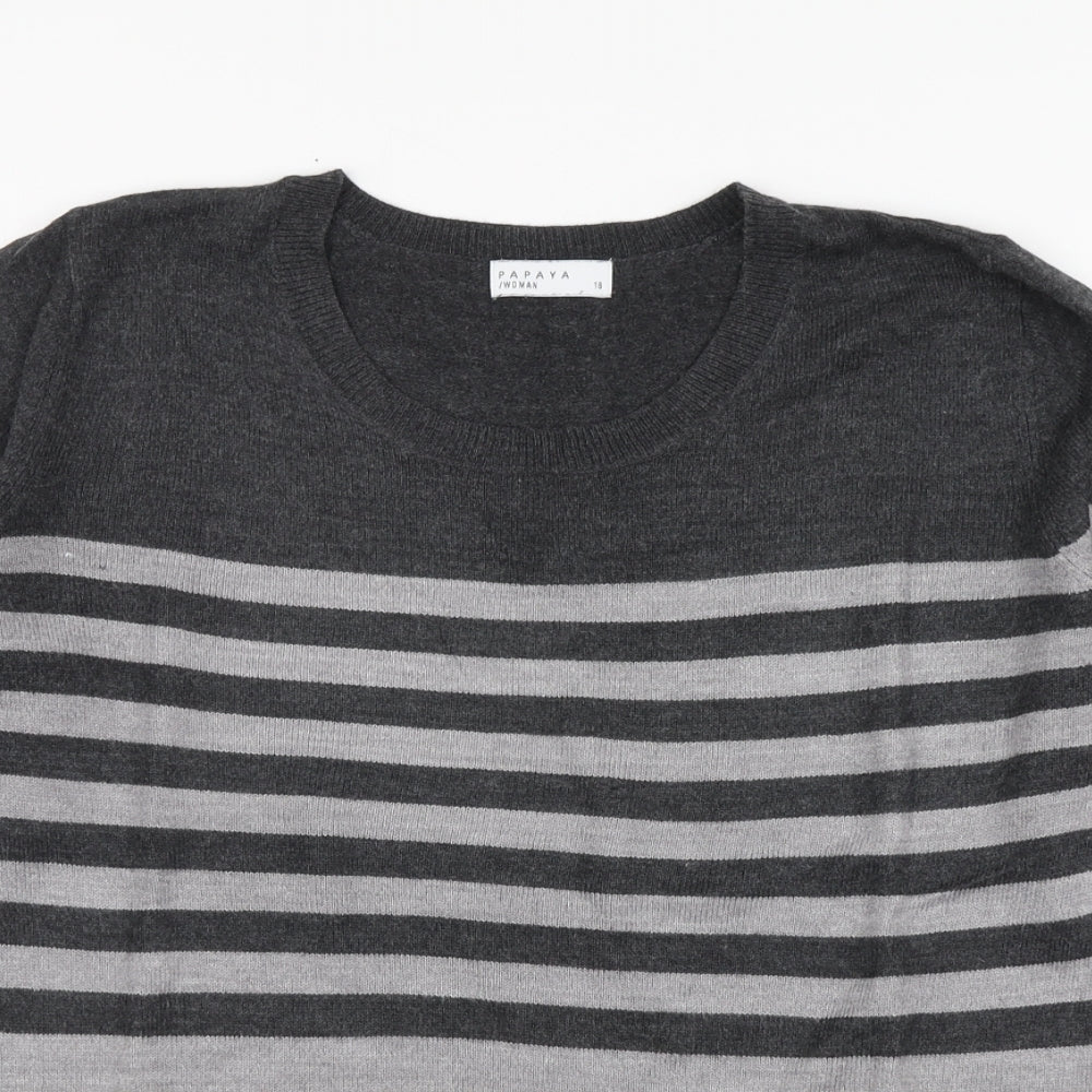 Papaya Womens Grey Round Neck Striped Acrylic Pullover Jumper Size 18