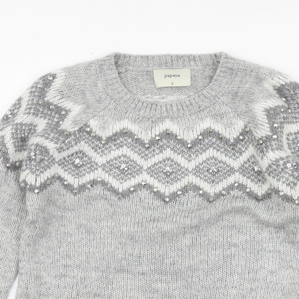 Papaya Womens Green Round Neck Geometric Acrylic Pullover Jumper Size S