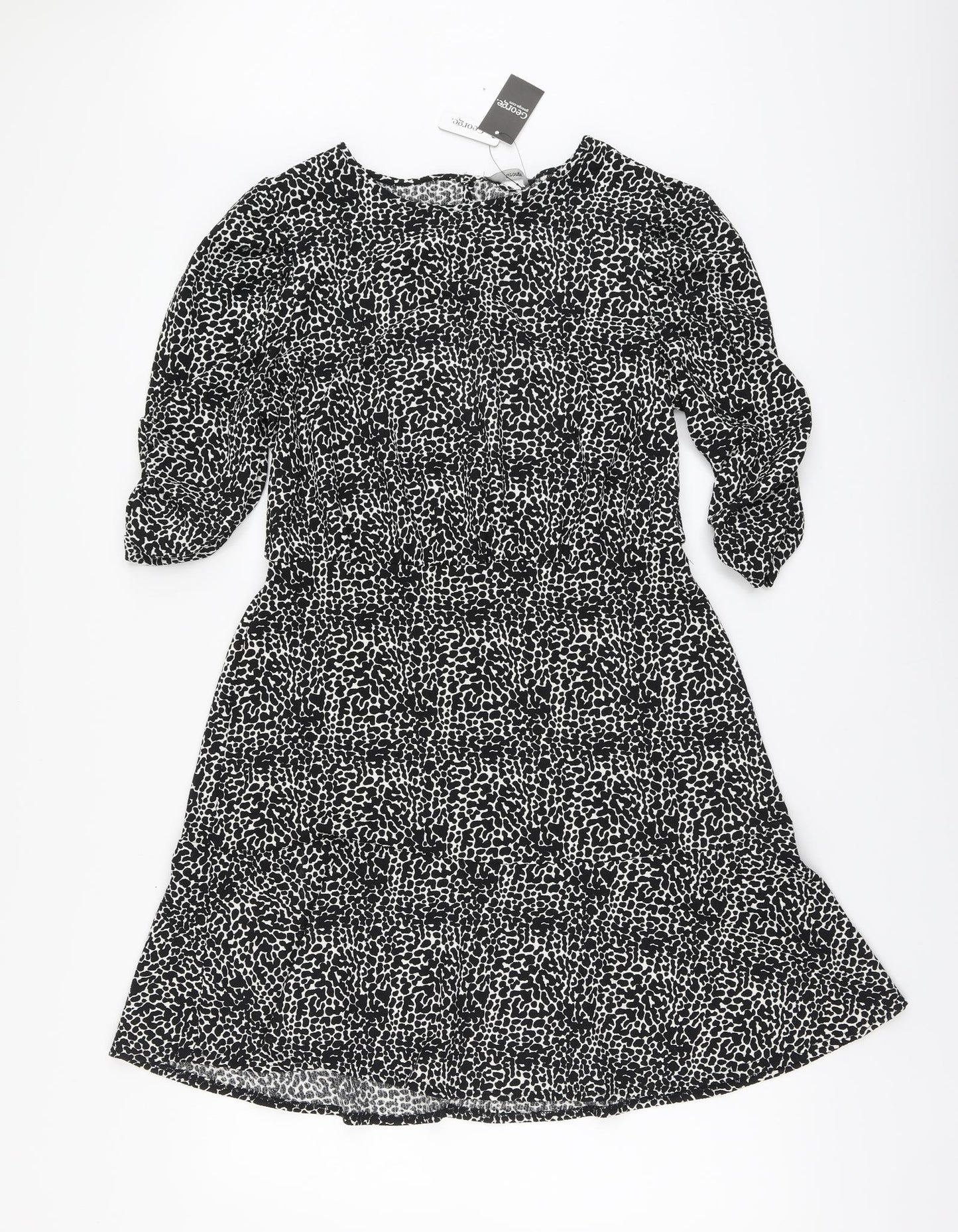 George Womens Black Geometric Polyester Skater Dress Size 14 Round Neck Button