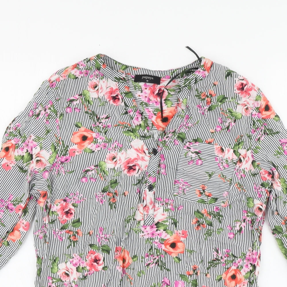Papaya Womens Multicoloured Striped Viscose Basic Blouse Size 10 V-Neck - Flowers