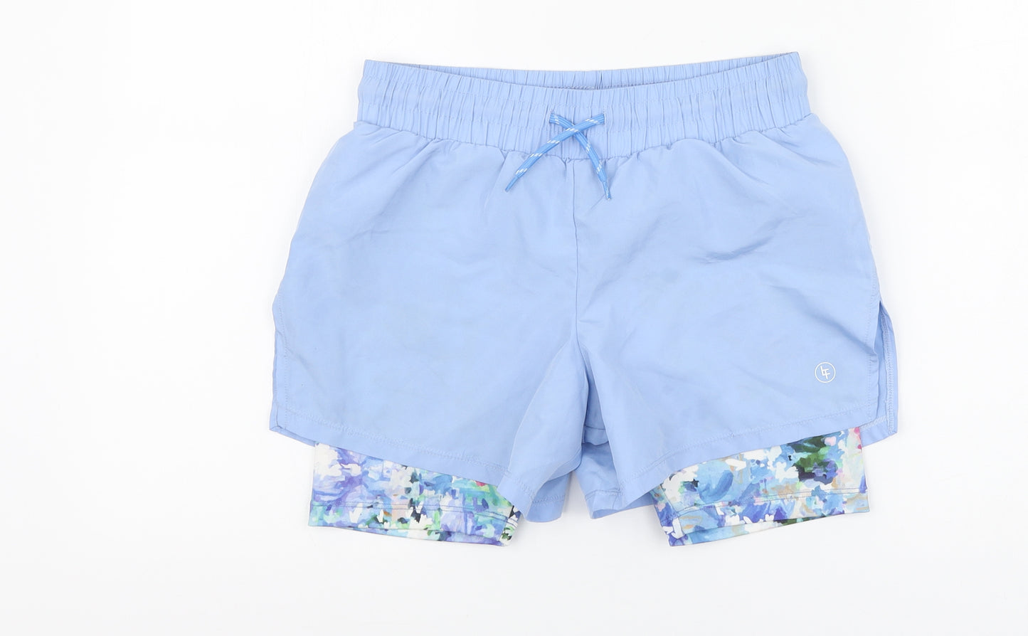 Willow Girls Blue Floral Polyester Sweat Shorts Size 10-11 Years Regular Drawstring