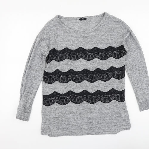 F&F Womens Grey Polyester Basic Blouse Size 8 Round Neck - Lace Detail