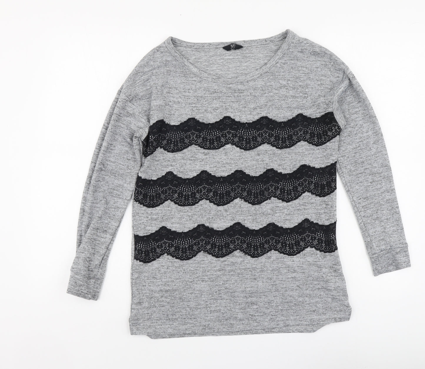 F&F Womens Grey Polyester Basic Blouse Size 8 Round Neck - Lace Detail