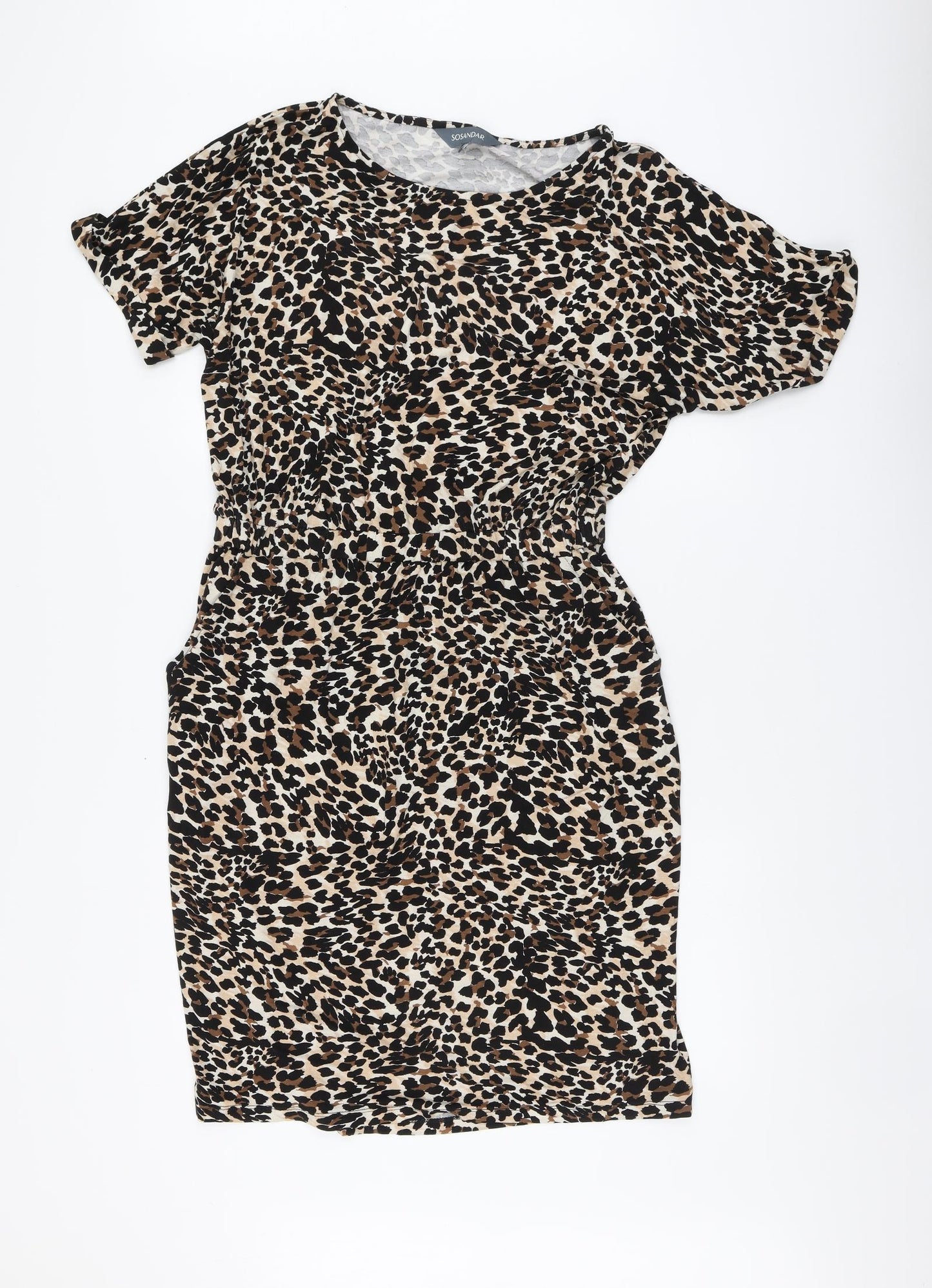 Sosandar Womens Brown Animal Print Viscose A-Line Size 14 Round Neck