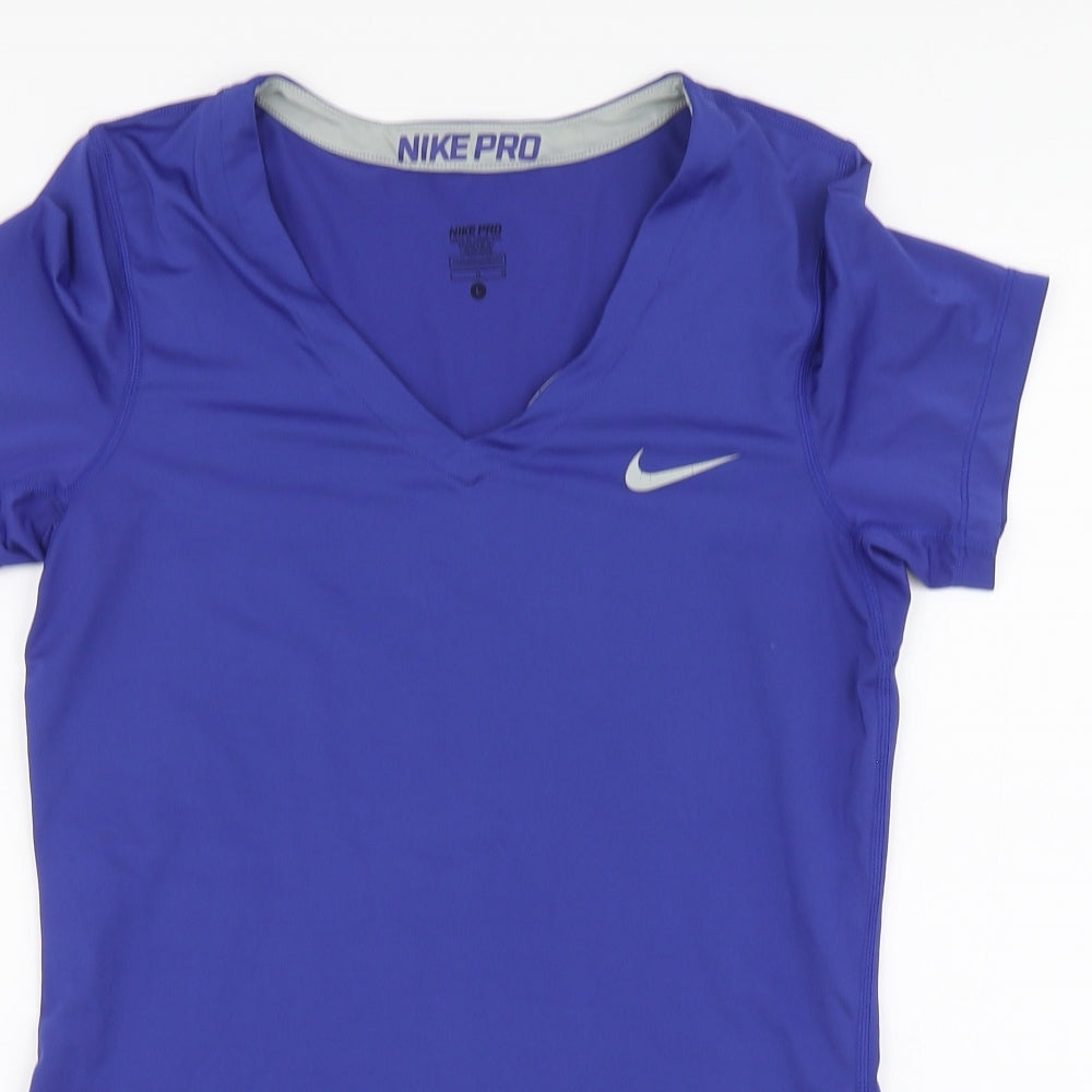 Nike Womens Blue Polyester Basic T-Shirt Size L V-Neck