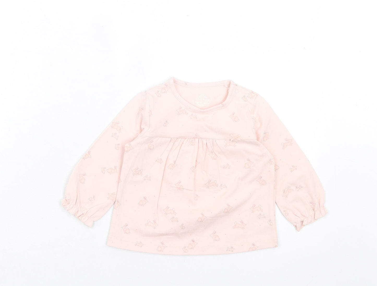 NEXT Girls Pink Geometric Cotton A-Line Size 9-12 Months V-Neck Button - Rabbit print