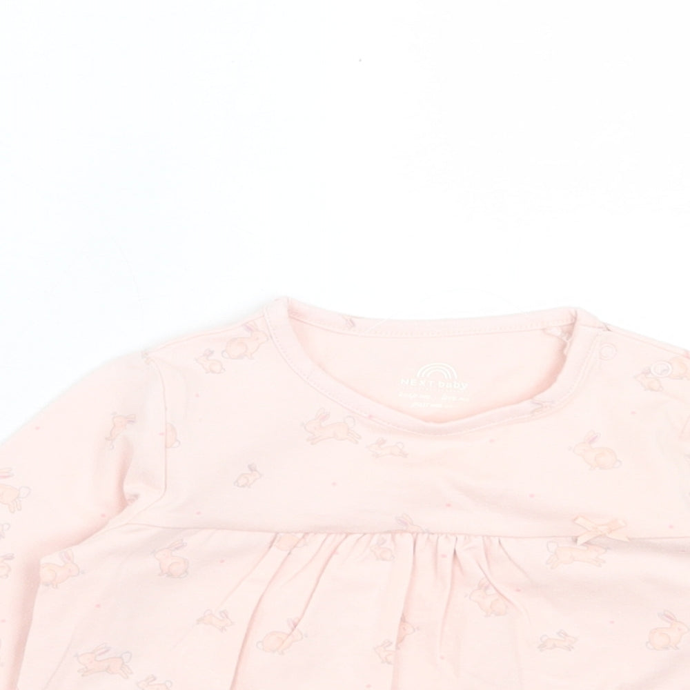 NEXT Girls Pink Geometric Cotton A-Line Size 9-12 Months V-Neck Button - Rabbit print