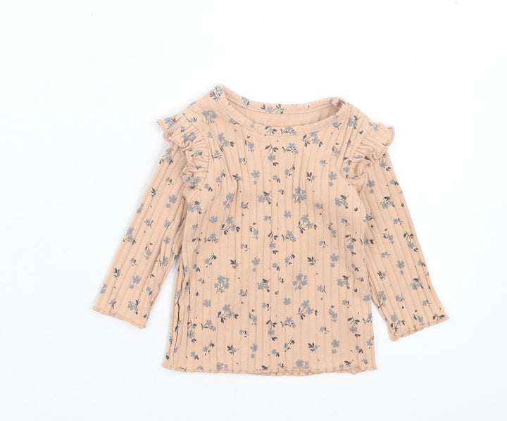 George Girls Beige Floral Polyester Basic Casual Size 3-6 Months Crew Neck Pullover - Ribbed Fabric