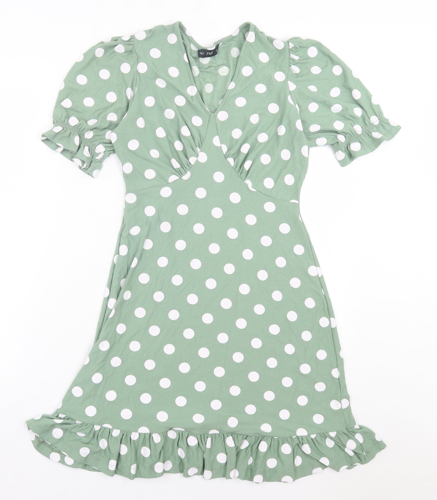 F&F Womens Green Polka Dot Viscose A-Line Size 6 V-Neck Pullover - Frill Detail