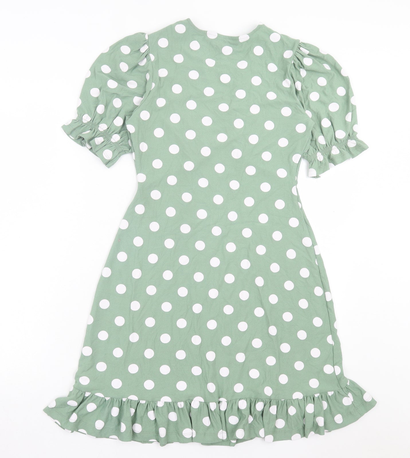 F&F Womens Green Polka Dot Viscose A-Line Size 6 V-Neck Pullover - Frill Detail