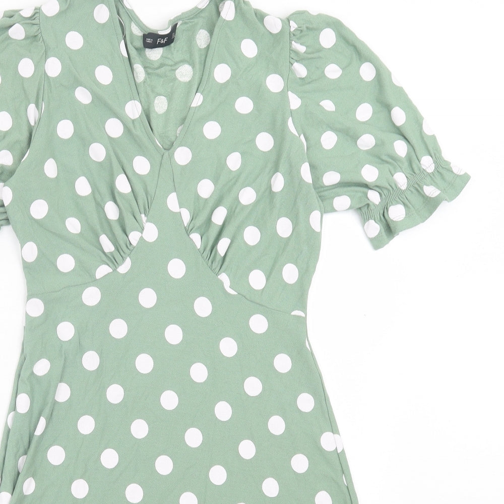 F&F Womens Green Polka Dot Viscose A-Line Size 6 V-Neck Pullover - Frill Detail