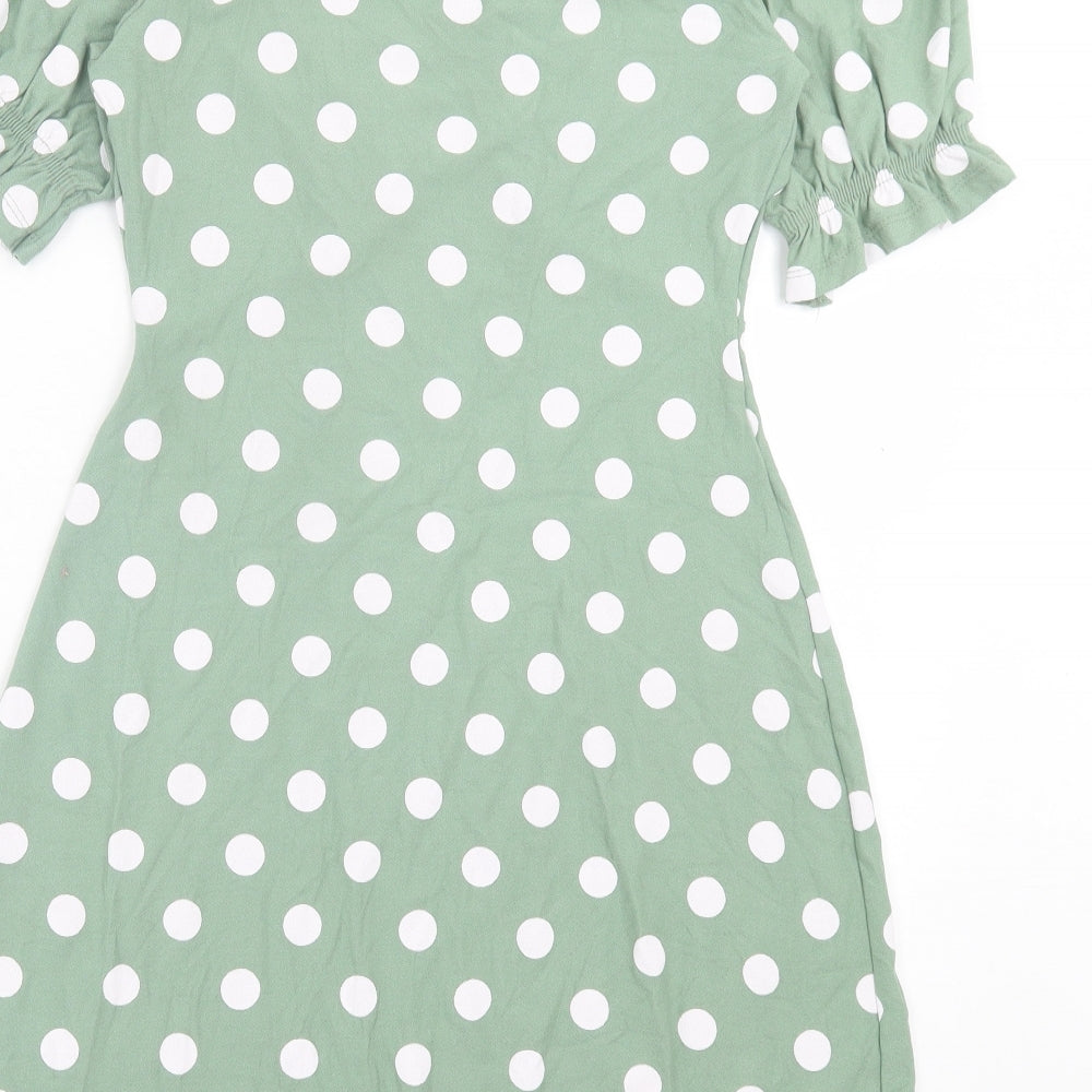 F&F Womens Green Polka Dot Viscose A-Line Size 6 V-Neck Pullover - Frill Detail