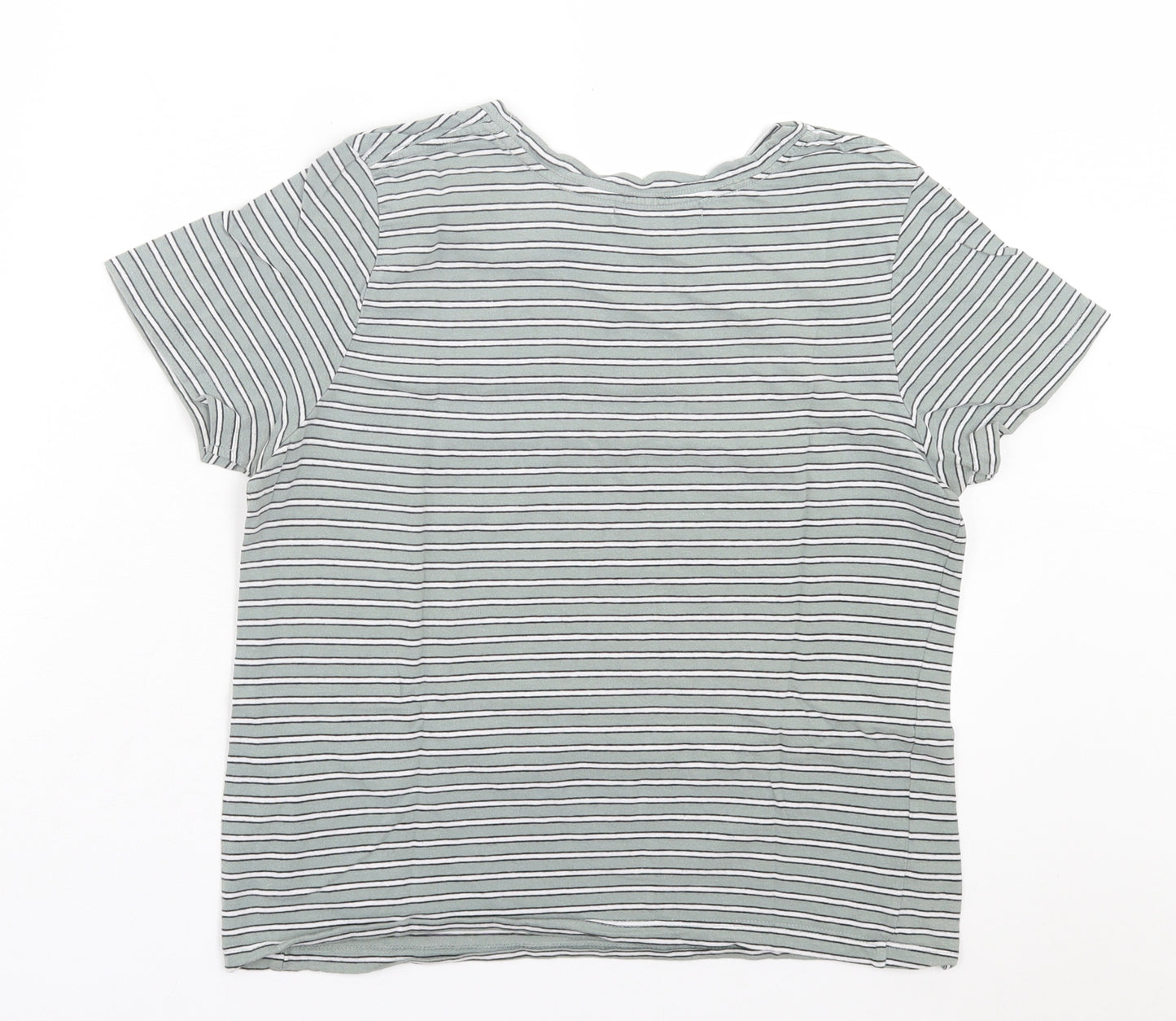 Pull&Bear Womens Green Striped Cotton Basic T-Shirt Size M Crew Neck
