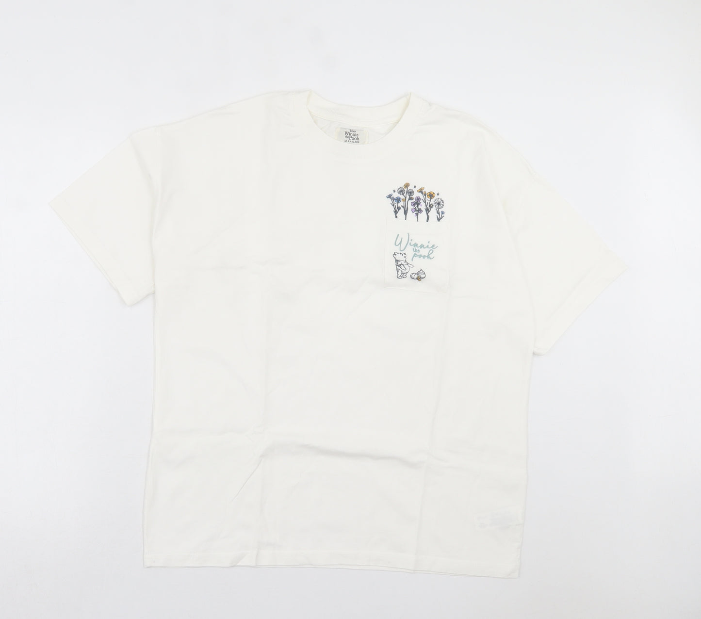 Primark Womens White Floral Cotton Basic T-Shirt Size S Crew Neck - Winnie the Pooh