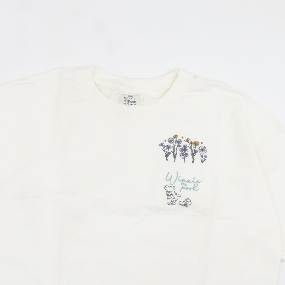 Primark Womens White Floral Cotton Basic T-Shirt Size S Crew Neck - Winnie the Pooh