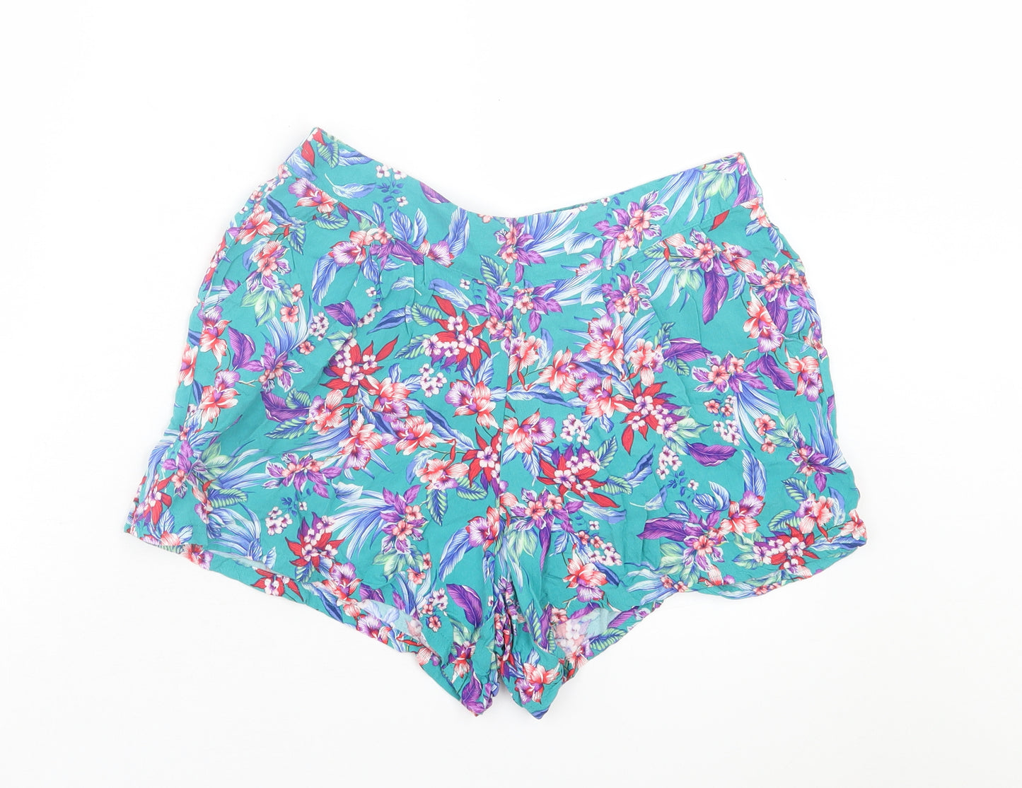 Peacocks Womens Green Floral Viscose Boyfriend Shorts Size 12 L3 in Regular Pull On