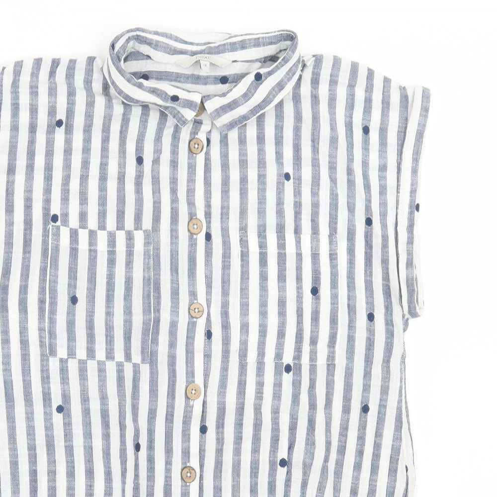 NEXT Womens Blue Striped Cotton Basic Button-Up Size 14 Collared - Polka Dot
