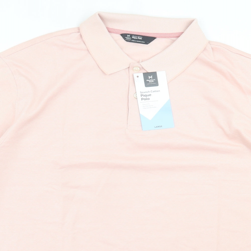 Members Mark Mens Pink Cotton Polo Size L Collared Button - No-Roll Collar.
