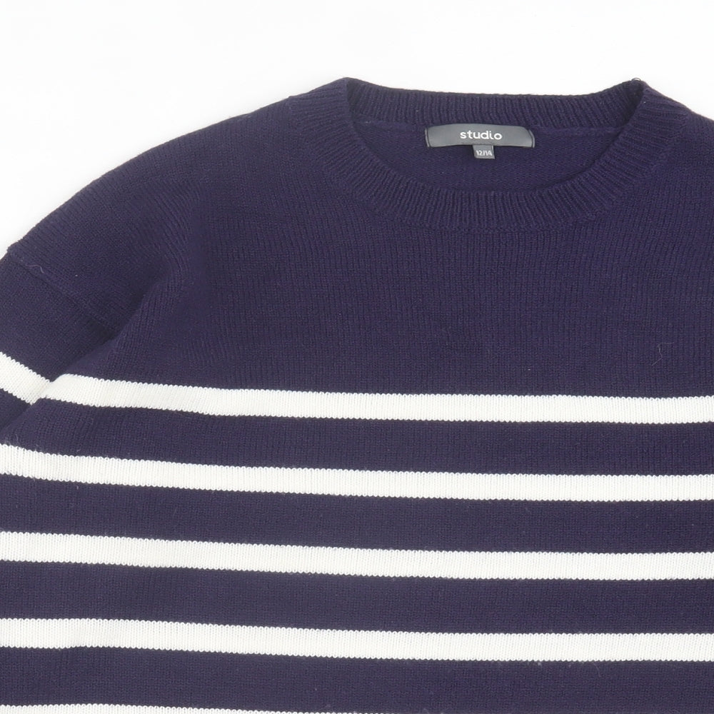 Studio Womens Blue Crew Neck Striped Acrylic Pullover Jumper Size 12