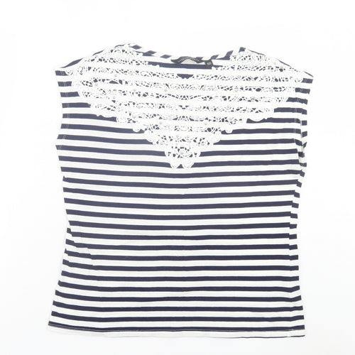 Dorothy Perkins Womens Blue Striped Cotton Basic T-Shirt Size 12 Crew Neck - Blue & White