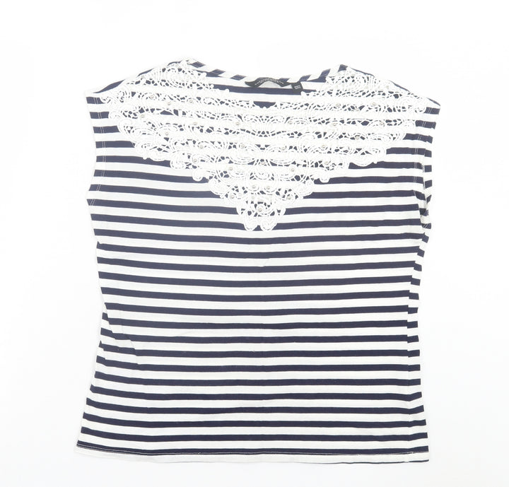 Dorothy Perkins Womens Blue Striped Cotton Basic T-Shirt Size 12 Crew Neck - Blue & White