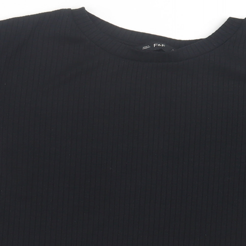 F&F Womens Black Polyester Basic T-Shirt Size 12 Crew Neck - Ribbed Fabric