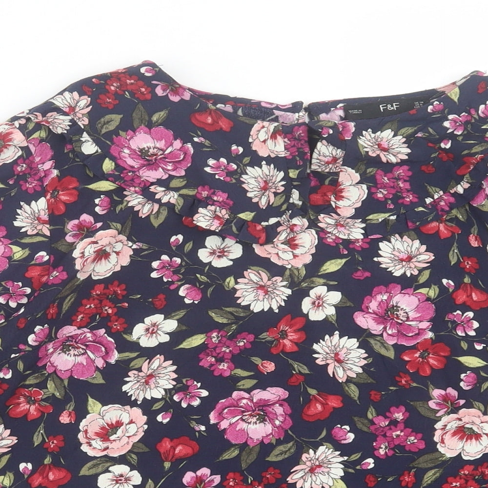 F&F Womens Blue Floral Polyester Basic Blouse Size 10 Crew Neck - Purple & Red Flowers