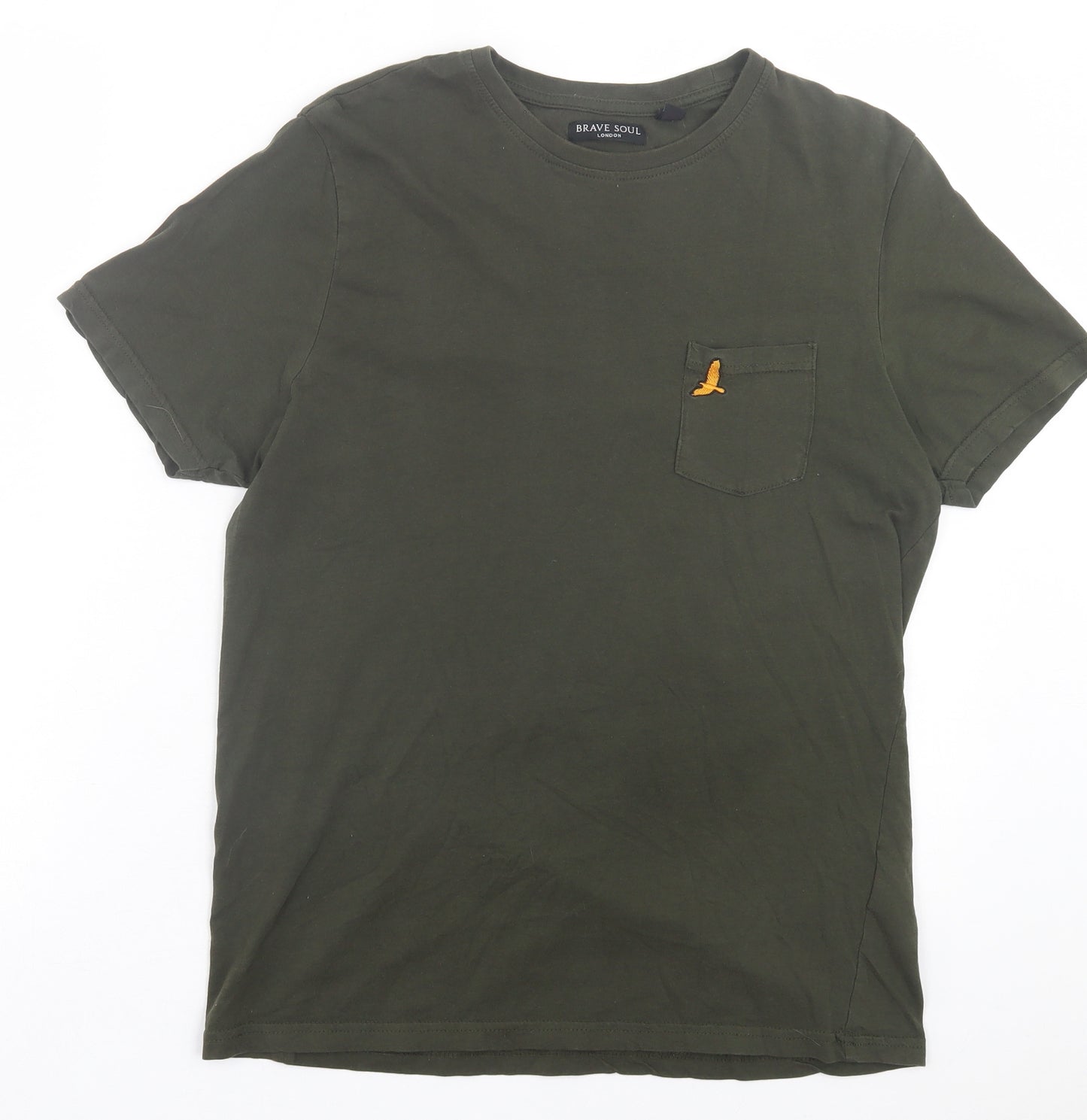 Brave Soul Mens Green Cotton T-Shirt Size M Crew Neck - Pocket Detail