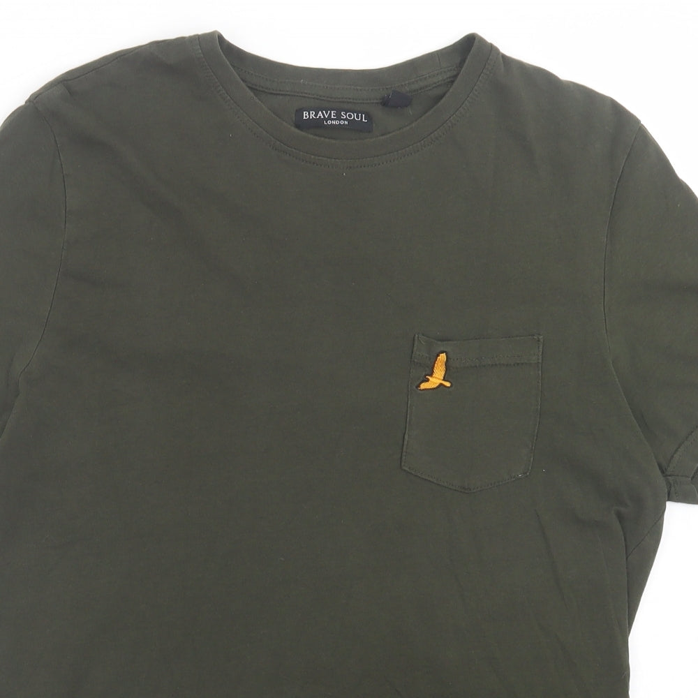 Brave Soul Mens Green Cotton T-Shirt Size M Crew Neck - Pocket Detail