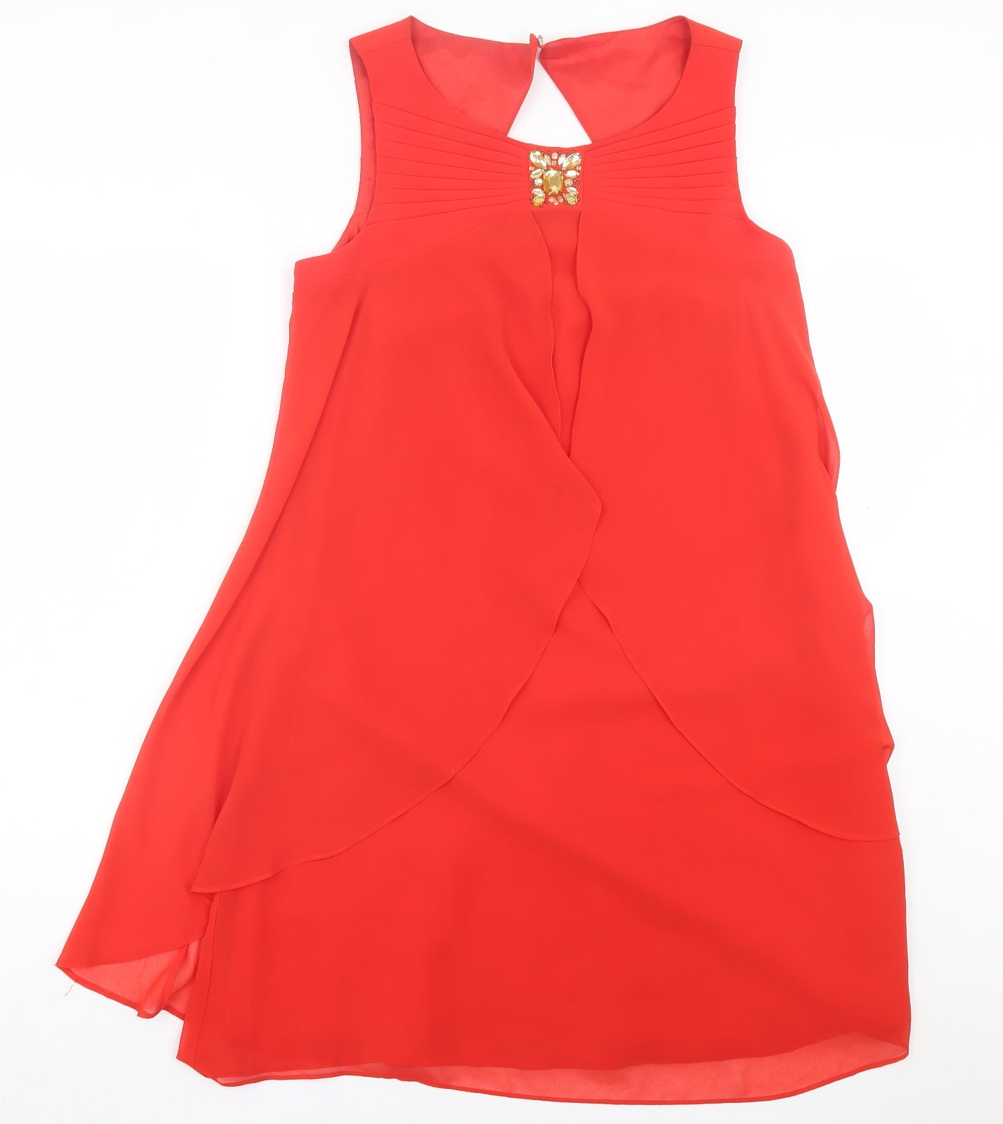 Monsoon Womens Red Polyester Shift Size 12 Crew Neck Button - Frill Detail