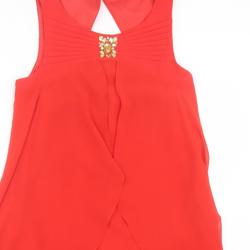 Monsoon Womens Red Polyester Shift Size 12 Crew Neck Button - Frill Detail