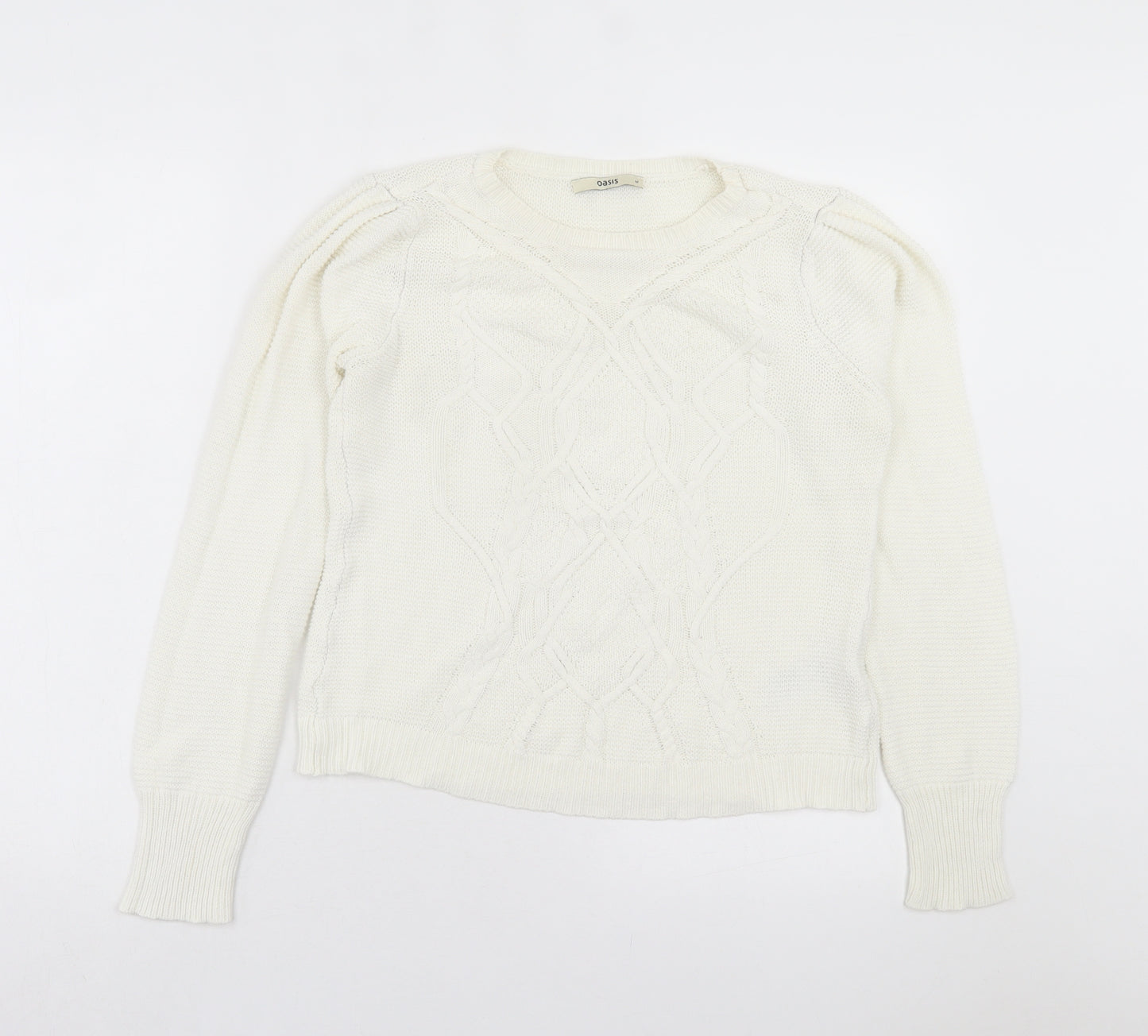 Oasis Womens White Crew Neck Cotton Pullover Jumper Size M - Cable Knit