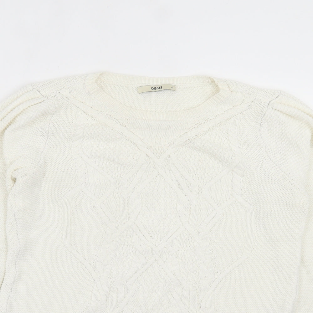 Oasis Womens White Crew Neck Cotton Pullover Jumper Size M - Cable Knit