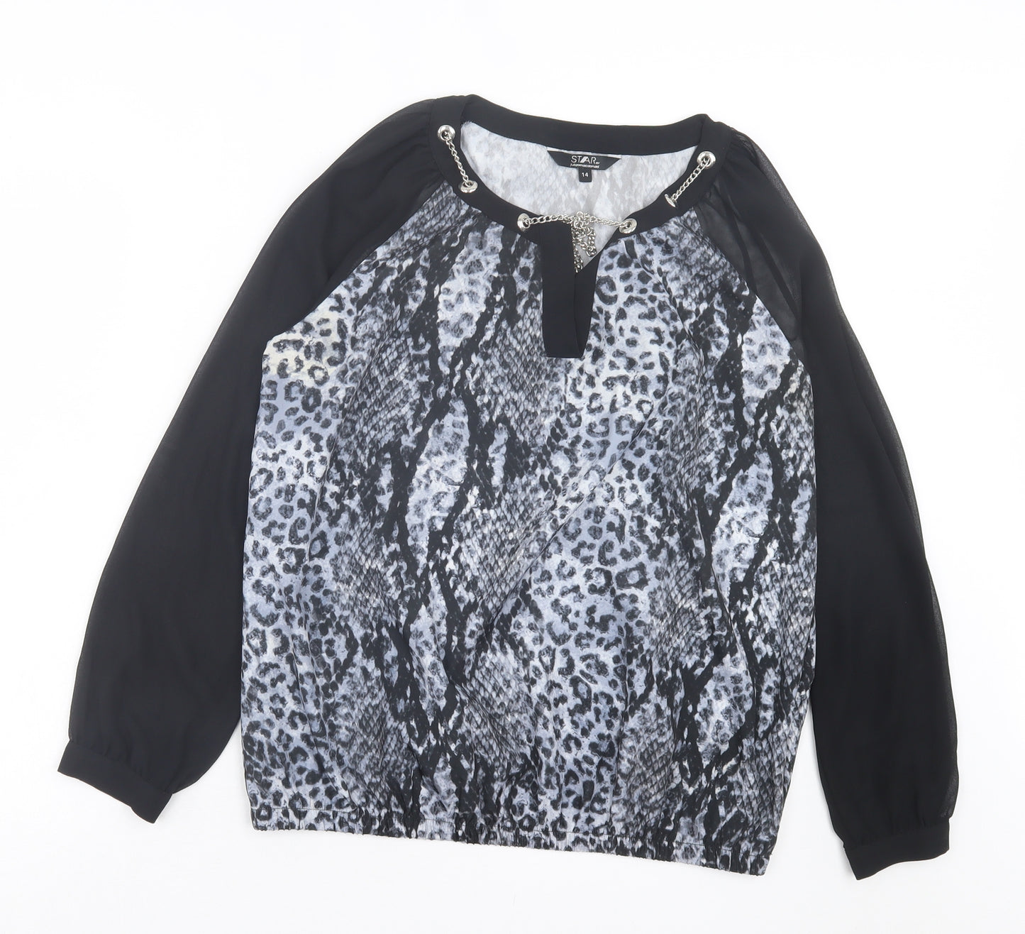 Debenhams Womens Grey Animal Print Polyester Basic Blouse Size 14 Crew Neck - Chain, Leopard Print