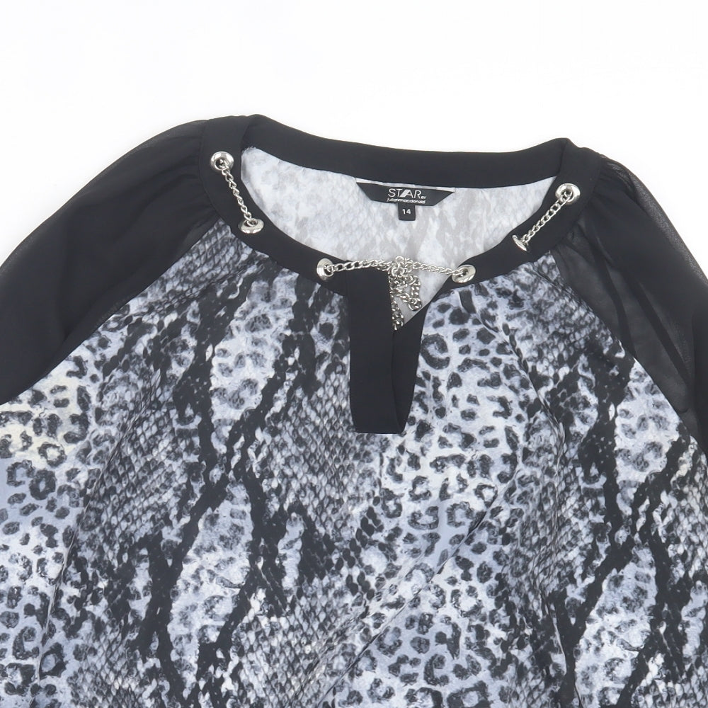 Debenhams Womens Grey Animal Print Polyester Basic Blouse Size 14 Crew Neck - Chain, Leopard Print