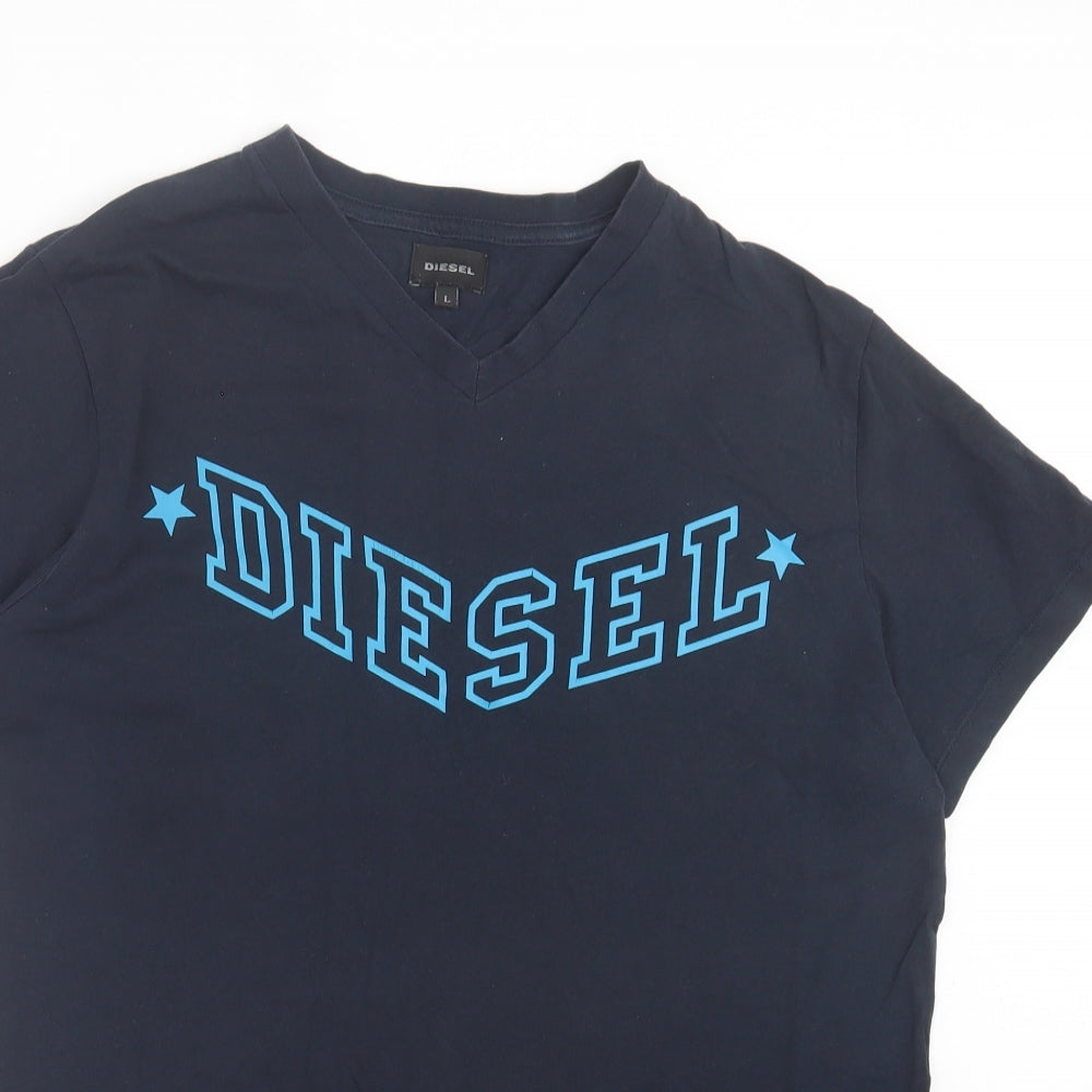 Diesel Mens Blue Cotton T-Shirt Size L V-Neck