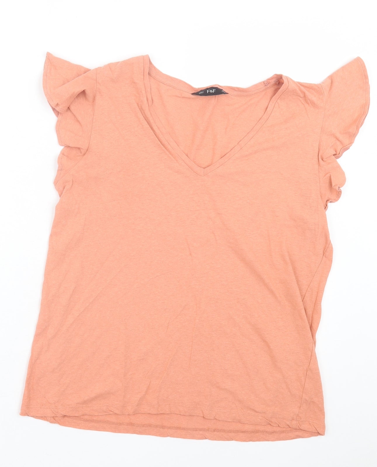 F&F Womens Orange Cotton Basic T-Shirt Size 14 V-Neck - Frill Sleeve