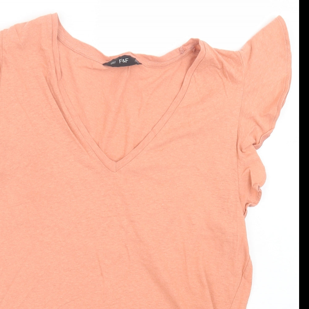 F&F Womens Orange Cotton Basic T-Shirt Size 14 V-Neck - Frill Sleeve