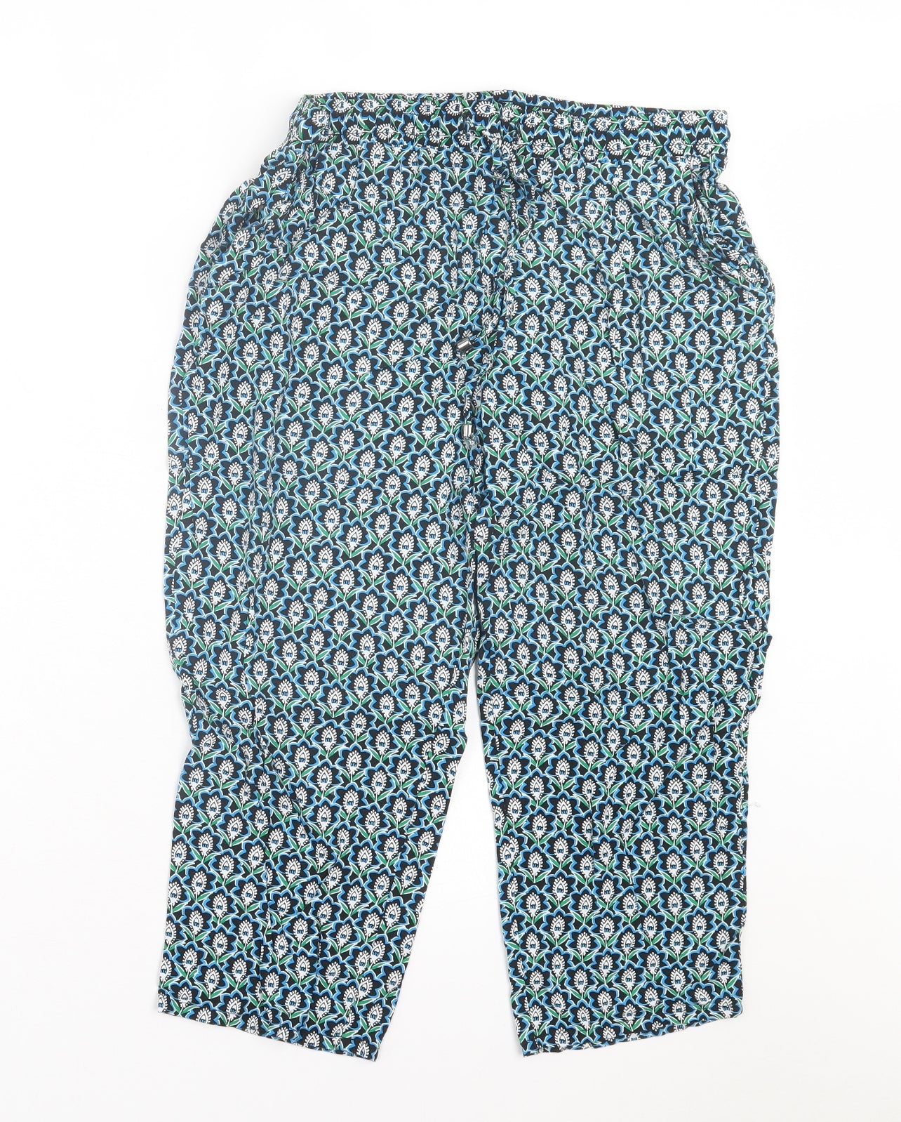 Papaya Womens Blue Geometric Viscose Cropped Trousers Size 12 L20 in Regular Tie